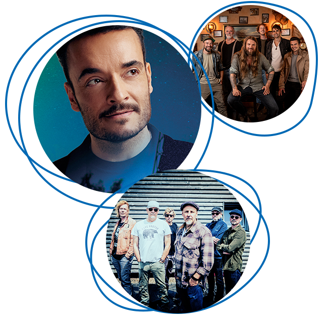 Menschen bei einer Schnapsprobe und ein Bild der Irreler Hängebrücke.