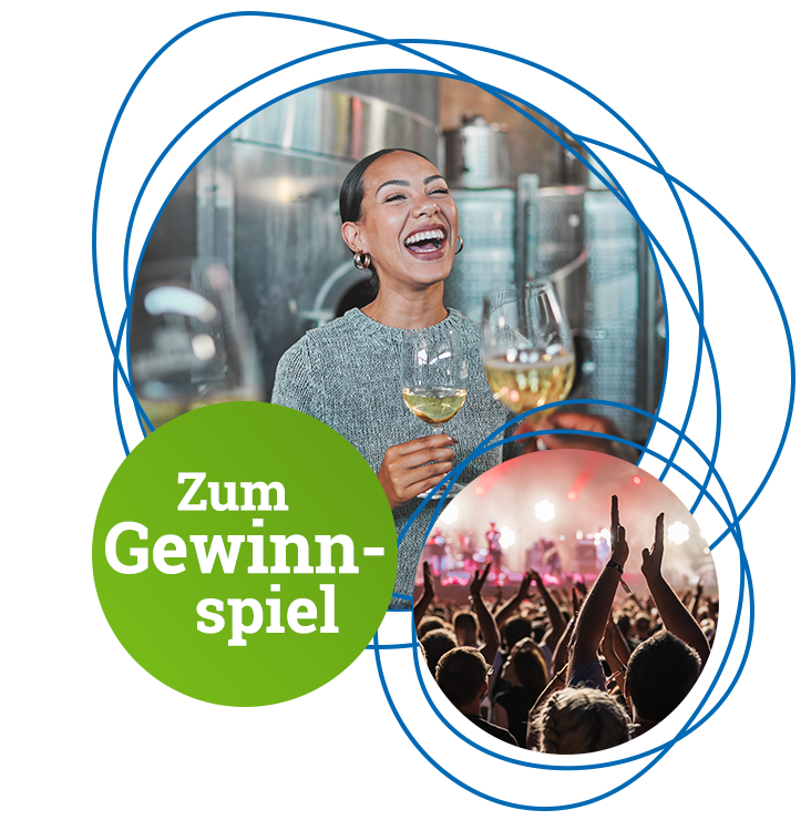 Bilder der Gewinne: eine Frau lacht bei einer Weinprobe, Menschen jubeln bei einem Konzert.